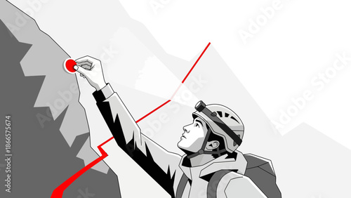 Adventurous Mountaineer Charting Success Path On Mountain Adventure In Monochrome