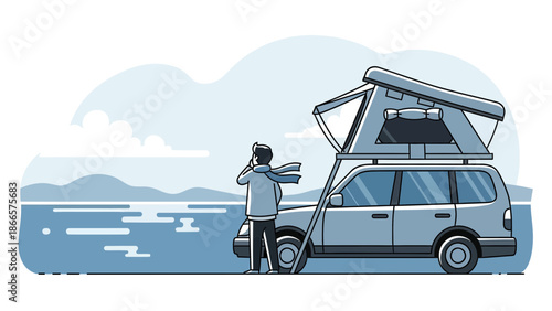 Adventurous Outdoor Expedition Man Enjoying the View While Camping with Roof Top Tent