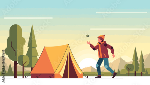 Adventurous Outdoors Camping Scene With Hiker Enjoying Recreation At Sunrise