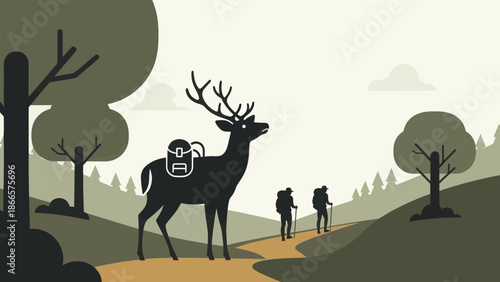 Adventurous Outing Silhouette In Serene Wilderness With Hiking Tourists And Deer