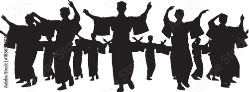 Group of people with arms raised in a celebratory dance silhouette