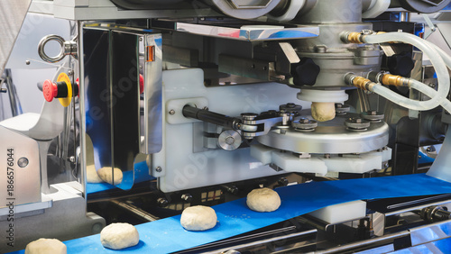 Φωτογραφία A conveyor belt with four doughnuts on it, being made by a machine