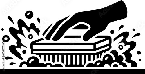 Hand holding scrub brush with soap suds and water splash representing cleaning and hygiene. Icon illustration