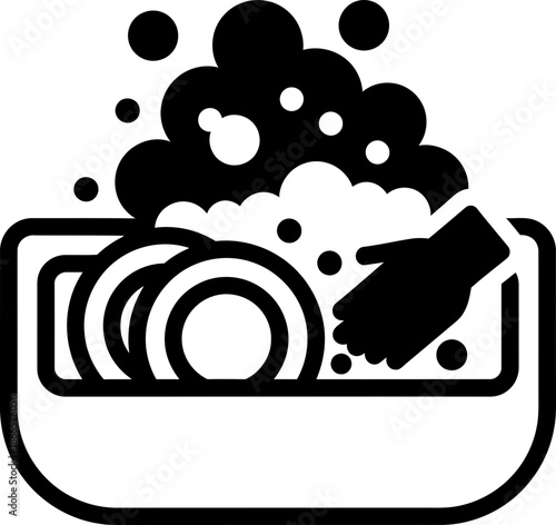 Hand washing dish in basin with soap sud icon. Dishwashing concept. Vector illustration for cleaning, housework design