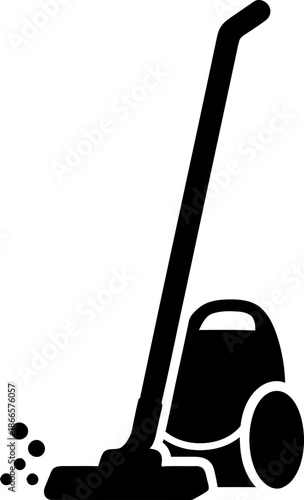Vacuum cleaner icon with dust, symbolizing household cleaning and tidiness. Simple black glyph for design element. Vector illustration