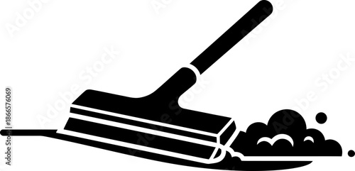 Squeegee wiping away liquid and foam. Cleaning service concept. Solid black icon or symbol for household, banner design