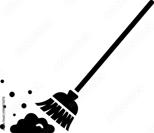 Sweeping broom icon with dust and dirt. Cleaning house and housework concept. Vector illustration in simple flat style for graphic design, web, app