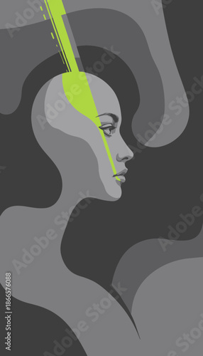 Abstract Art Depicting Human Profile with Vibrant Green Light in Introspective Monochrome Layers and Curves