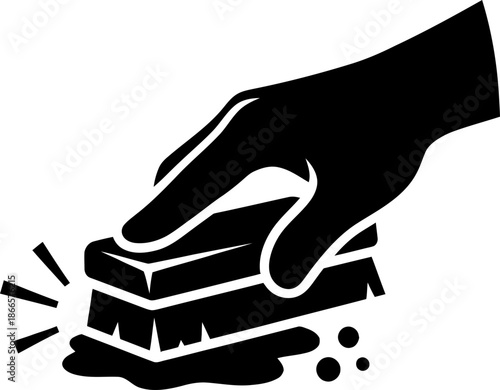 Hand with cleaning brush scrubbing surface icon. Housekeeping, hygiene, and domestic chore concept. Vector illustration for web, app design