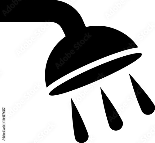 Bathroom shower head with water drop. Hygiene and plumbing concept. Black white flat vector icon isolated on white background for web, app, print