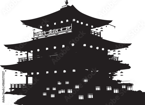 Traditional japanese pagoda architecture in a striking black silhouette