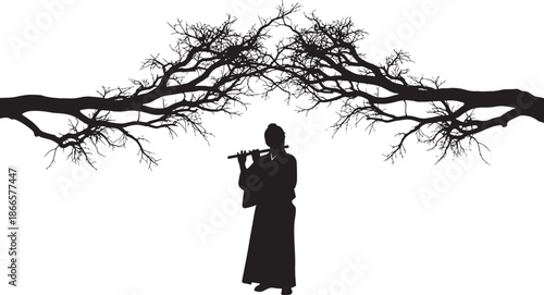 A lone musician playing a flute under bare branches a striking silhouette