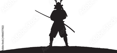 A lone samurai warrior stands poised with sword a dramatic silhouette
