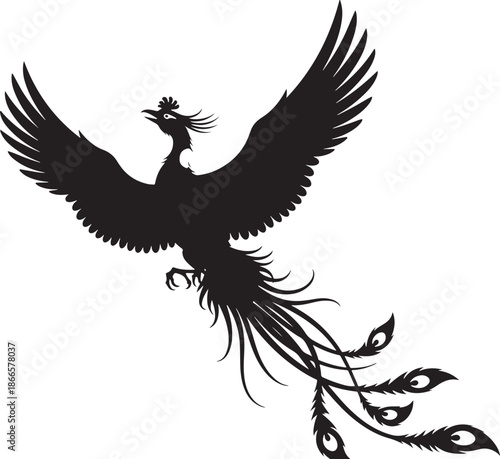 Majestic phoenix with wings spread a striking black and white silhouette