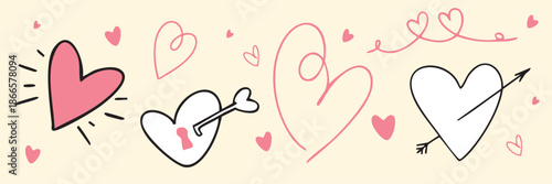 Hand-drawn Valentine’s Day doodle banner with cute hearts, arrows and romantic elements in a playful, minimal style