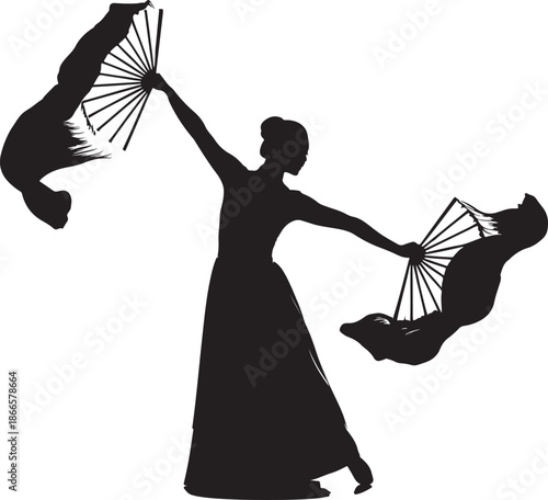 A graceful woman dancing with fans a striking black silhouette