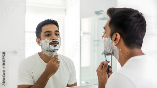 Man Applying Shaving Cream While Another Man Shaves with Razor in Bright Bathroom Grooming Routine