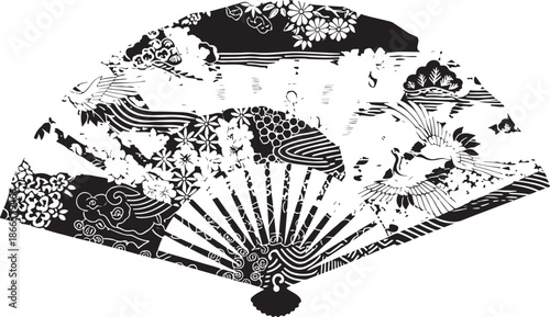 Intricate floral and animal designs on a traditional folding fan silhouette