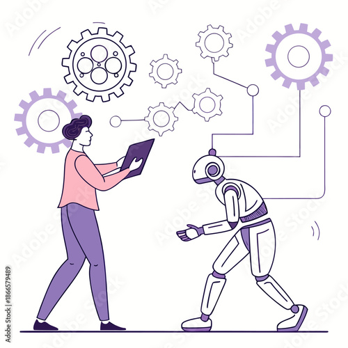 a man and a robot interacting with gear icons and a tablet