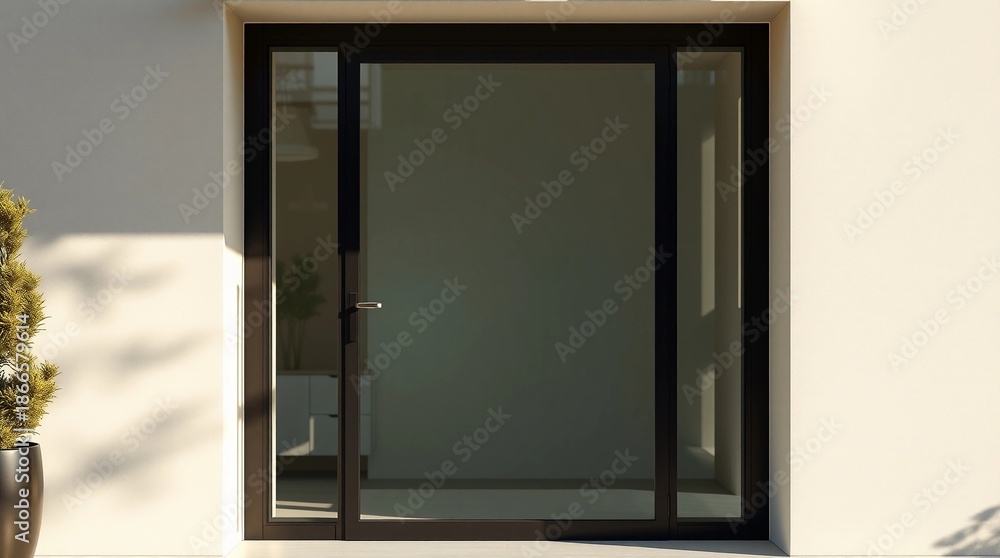 Fototapeta premium modern minimalist contemporary glass door black metal frame house entrance architectural realism neutral tones natural lighting