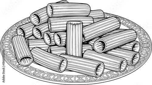 Detailed illustration of rigatoni pasta on a decorative plate in black and white. Vector illustration
