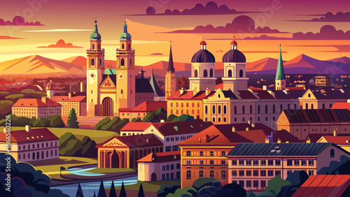 Very beautiful panoramic sunset view of Munich, Bavaria, Germany, highlighting elegant architecture, warm evening colors, and the harmonious blend of history and modern city life.