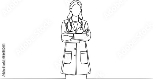 Single continuous line drawing a female doctor standing confidently with her arms crossed, One continuous line drawing female doctor with stethoscope.
