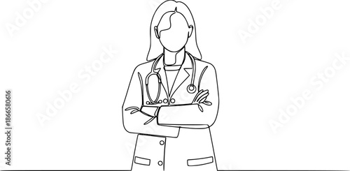 Single continuous line drawing a female doctor standing confidently with her arms crossed, One continuous line drawing female doctor with stethoscope.

