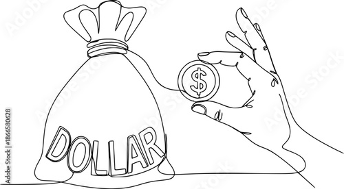 Dollar money bag single line drawing. Hand holding coin continuous one line drawing, Continuous one line drawing of money bag. Money storage and investment single Line art 
