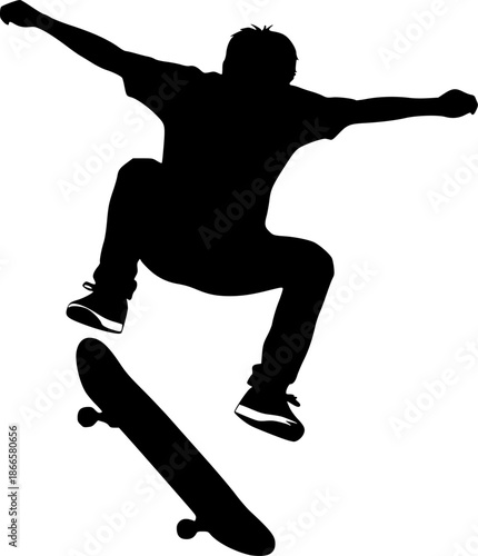 Silhouette of Skateboarder: A dynamic silhouette captures a young skater in mid-air, performing a gravity-defying trick with a skateboard.
