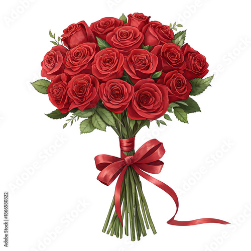 Red Rose Bouquet with Ribbon, Romantic Valentine’s Day Gift, Isolated