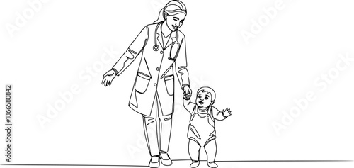 Mom with her young kid in continuous line art drawing style, Single continuous line drawing of young female pediatric doctor invited cute baby toddler patient to play and follow her instruction.