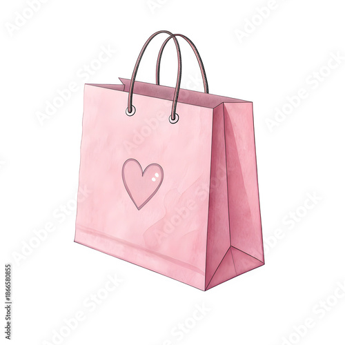 Pink Shopping Bag with Heart Icon, Minimal Retail Style, Valentine's Day Concept