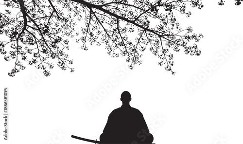 A serene figure meditating beneath blossoming branches a dark silhouette