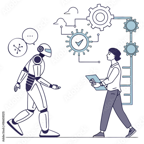 Robot and human working together with technology and communication symbols