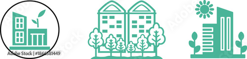 Green city icons set. Includes eco-friendly buildings, renewable energy, sustainable transport, green spaces, and clean environment concepts. Editable stroke. Line icons. Perfect for environmental.