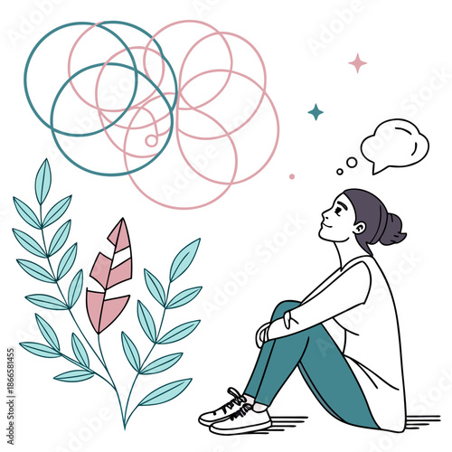 woman sitting on floor with thought bubble and plant