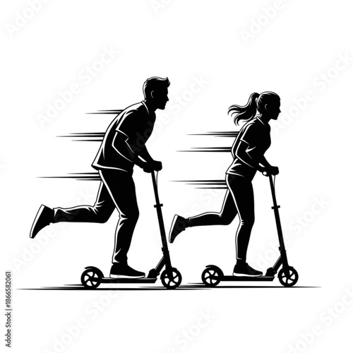 Man and woman riding kick scooters Isolated On Transparent Background.