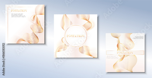 Golden Luxury white square invitation , card, wedding Premium geometric Golden wave line frame typography design. Elegant background for advertising, gala card, grand opening, party, layout