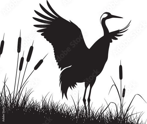 A majestic crane with outstretched wings amidst reeds a striking silhouette