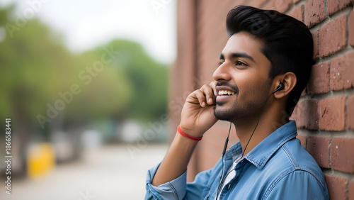 Young Indian man smiling while talking on phone outdoors near brick wall in casual denim shirt