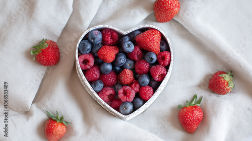 Heart-shaped bowl with fresh berries on linen cloth and strawberries around — sweet summer food flat lay