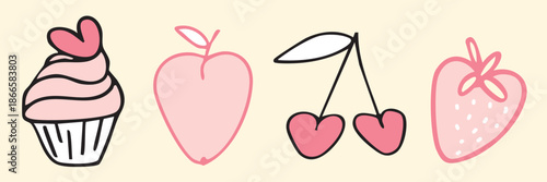 Cute hand-drawn Valentine’s Day banner with sweet dessert and fruit illustrations in pink tones, romantic and playful doodle style