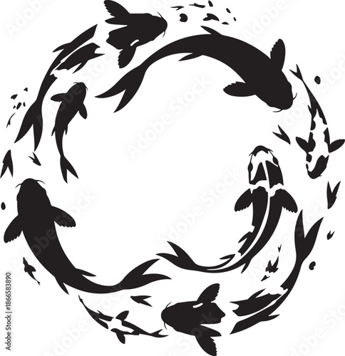 Circular arrangement of koi fish in a striking black silhouette