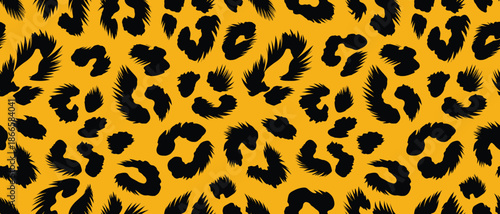 A seamless african leopard print pattern on a vibrant yellow fur background with abstract animal skin texture