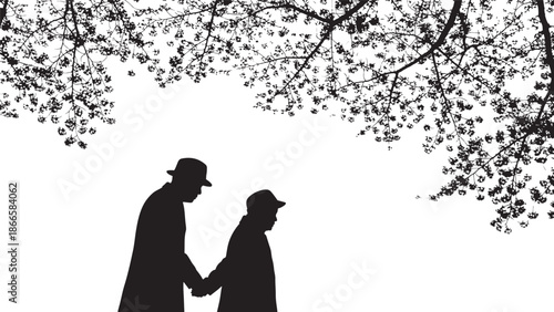 Couple walking beneath blossoming branches a romantic and peaceful silhouette
