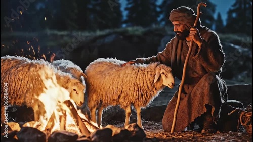 Ancient shepherd in traditional clothing caring for sheep by a crackling campfire under a starry