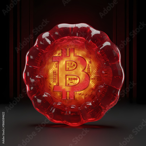 Premium 3D Puffy Bitcoin Coin Made of Translucent Ruby Red Jelly, High Glossy Tactile Finance Icon on Dark Background, 3D Render