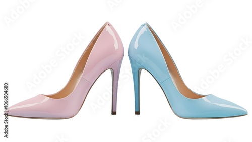 A pair of pastel pink and blue high-heeled shoes on transparent background