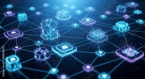 Futuristic AI network with interconnected nodes and glowing connections